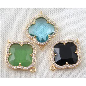 crystal glass four-leaf Clover connector paved zircon, mix color, gold plated, approx 20mm dia [GMPDA6879]