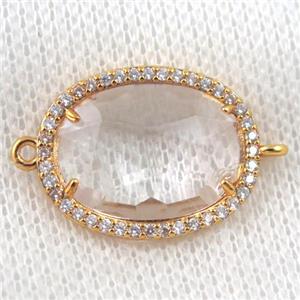 clear crystal glass connector paved zircon, faceted oval, gold plated, approx 16x20mm [GMPDA6883]