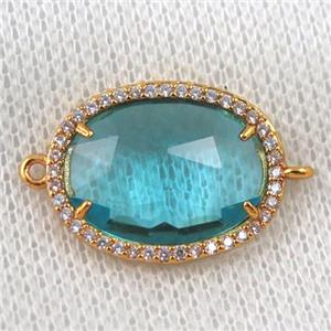 aqua crystal glass connector paved zircon, faceted oval, gold plated, approx 16x20mm [GMPDA6887]