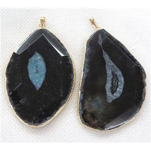 blue druzy agate slice pendant, black, faceted freeform, gold plated, approx 30-70mm [GMPDA6896]