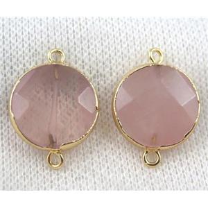 Rose Quartz connector, pink, faceted flat-round, gold plated, approx 17mm dia [GMPDA6903]