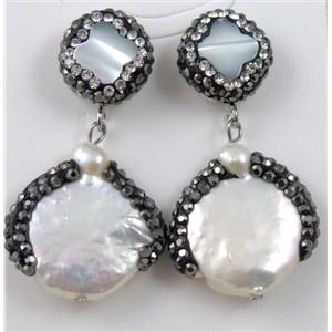 white pearl earring paved rhinestone with sterling silver stud, approx 14mm, 22mm dia [GMPDA6947]