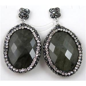 black glass crystal earring paved rhinestone with sterling silver stud, approx 6x6mm, 22x30mm [GMPDA6948]