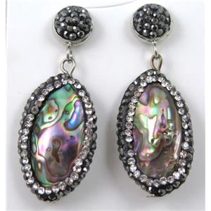 paua abalone shell earring paved rhinestone with sterling silver stud, approx 8mm dia, 16x30mm [GMPDA6953]