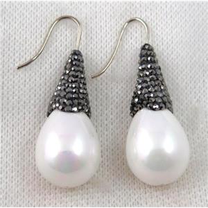white shell pearl earring studs paved rhinestone, approx 16x30mm [GMPDA6955]