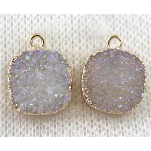 druzy agate pendant, white AB-color, square, gold plated, approx 12x12mm [GMPDA6972]