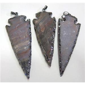 Hammered Rock Agate Arrowhead Pendant, black plated, approx 20-65mm [GMPDA6976]