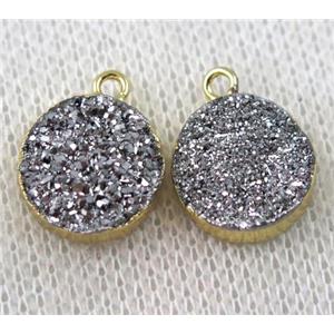 silver druzy agate pendant, flat-round, gold plated, approx 12mm dia [GMPDA6977]