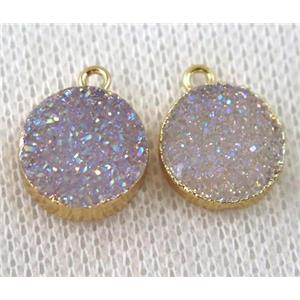 druzy agate pendant, natural color with AB-color, flat-round, gold plated, approx 12mm dia [GMPDA6978]