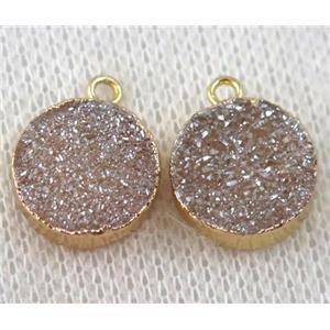 druzy agate pendant, golden champagne, flat-round, gold plated, approx 12mm dia [GMPDA6979]