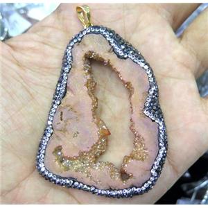druzy agate slice pendant paved rhinestone, freeform, gold champagne electroplated, approx 30-60mm [GMPDA7073]