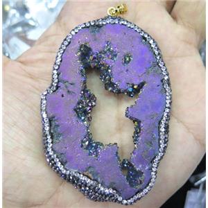 druzy agate slice pendant paved rhinestone, freeform, purple electroplated, approx 30-60mm [GMPDA7074]