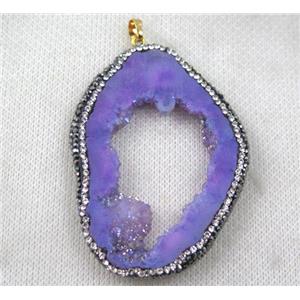 druzy agate slice pendant paved rhinestone, freeform, purple AB-color, approx 30-60mm [GMPDA7076]