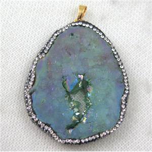 druzy agate slice pendant paved rhinestone, freeform, green AB-color, approx 30-60mm [GMPDA7078]