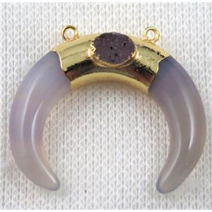 gray agate crescent horn pendant pave druzy with 2loops, gold plated, approx 30-35mm [GMPDA7097]