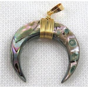 paua abalone shell crescent horn pendant, gold wire wrapped, approx 30-35mm [GMPDA7104]