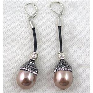 shell pearl bead earring paved rhinestone, rose gold, approx 16-55mm [GMPDA7238]