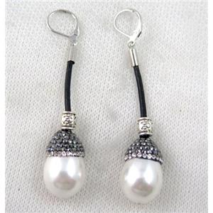 white shell pearl bead earring paved rhinestone, approx 16-55mm [GMPDA7239]