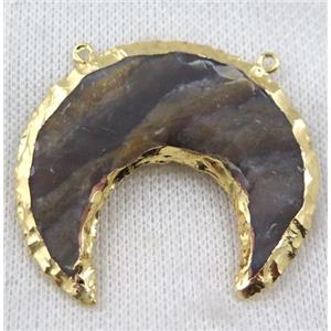 natural hammered Rock Agate crescent horn pendant with 2loops, gold plated, approx 45mm dia [GMPDA7265]
