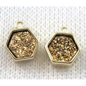 golden druzy quartz hexagon pendant, copper, gold plated, approx 9mm dia [GMPDA7290]