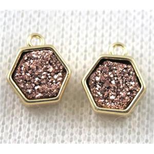 rose-golden druzy quartz hexagon pendant, copper, gold plated, approx 9mm dia [GMPDA7291]