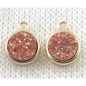 golden-champagne druzy quartz pendant, flat-round, copper, gold plated, approx 8mm dia [GMPDA7294]