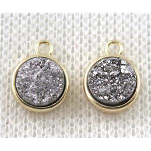silver druzy quartz pendant, flat-round, copper, gold plated, approx 8mm dia [GMPDA7295]