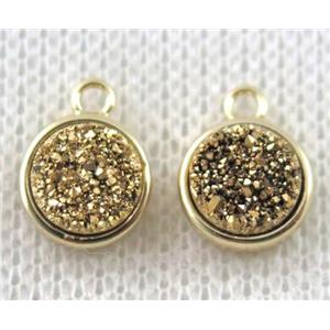 golden druzy quartz pendant, flat-round, copper, gold plated, approx 8mm dia [GMPDA7296]