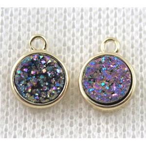 rainbow druzy quartz pendant, flat-round, copper, gold plated, approx 8mm dia [GMPDA7298]