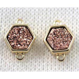 rose-golden druzy quartz hexagon connector, copper, gold plated, approx 9mm dia [GMPDA7301]