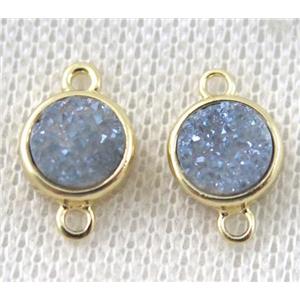 light gray-blue druzy quartz connector, copper, flat-round, gold plated, approx 8mm dia [GMPDA7304]