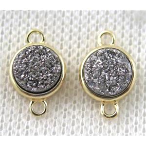 silver druzy quartz connector, copper, flat-round, gold plated, approx 8mm dia [GMPDA7305]