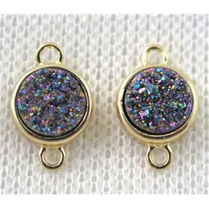 rainbow druzy quartz connector, copper, flat-round, gold plated, approx 8mm dia [GMPDA7308]