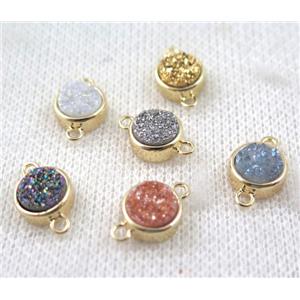 mix druzy quartz connector, copper, flat-round, gold plated, approx 8mm dia [GMPDA7309]