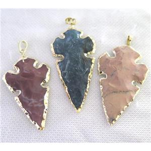 hammered Rock Agate arrowhead pendant, natural color, gold plated, approx 20-65mm [GMPDA7385]