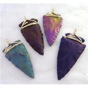 hammered Rock Agate arrowhead pendant, electroplated, wire wrapped, mix color, approx 20-30mm [GMPDA7387]