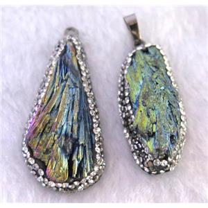 titanium crystal tourmaline pendant pave rhinestone, freeform, green electroplated, approx 15-40mm [GMPDA7410]