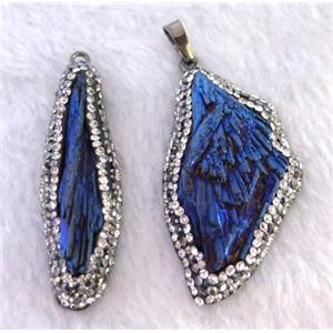 titanium crystal tourmaline pendant pave rhinestone, freeform, blue electroplated, approx 20-40mm [GMPDA7411]