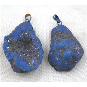 agate geode druzy pendant, freeform, blue electroplated, approx 20-40mm [GMPDA7427]