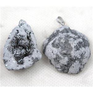 agate geode druzy pendant, freeform, silver, approx 20-40mm [GMPDA7430]