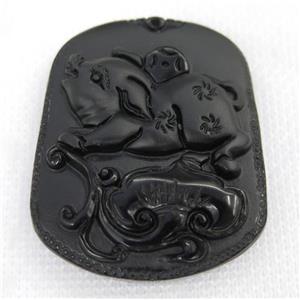 black Obsidian pendant, Chinese Zodiac Pig, approx 40-50mm [GMPDA7446]