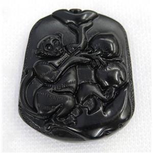black Obsidian pendant, Chinese Zodiac Monkey, approx 40-50mm [GMPDA7447]