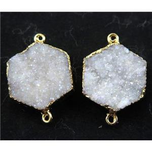druzy quartz hexagon connector, white AB-color, gold plated, approx 20mm dia [GMPDA7500]