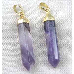 Amethyst bullet pendant, purple, gold plated, approx 8x40mm [GMPDA7532]