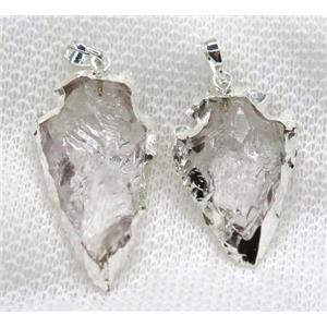 hammered Clear Quartz arrowhead pendant, silver plated, approx 15-25mm [GMPDA7570]