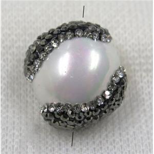 white pearl shell beads paved rhinestone, flat round, approx 15-20mm [GMPDA7611]