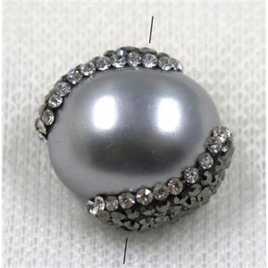 gray pearl shell bead paved rhinestone, flat round, approx 15-20mm [GMPDA7613]