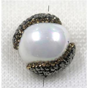 white pearl shell bead paved rhinestone, flat round, approx 15-20mm [GMPDA7615]