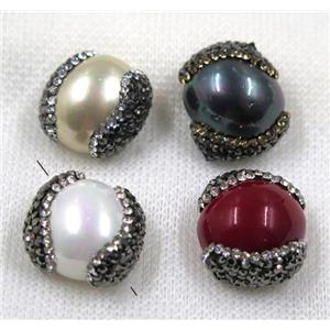 pearl shell bead paved rhinestone, flat round, mix color, approx 15-20mm [GMPDA7617]