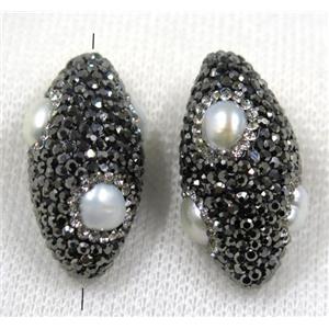 white pearl bead paved black rhinestone, rice, approx 15-33mm [GMPDA7620]